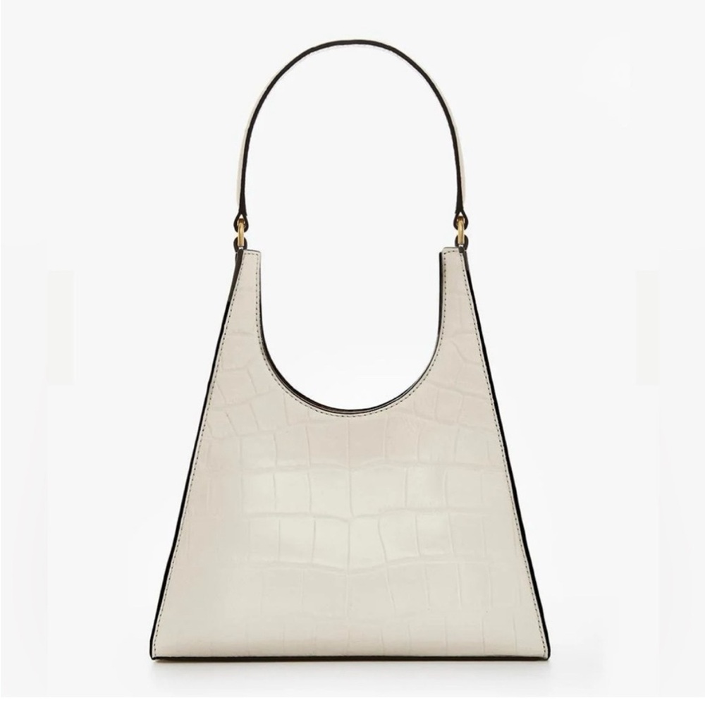 STAUD NWOT Rey Croc Embossed Cream Leather Shoulder Bag w Top Handle